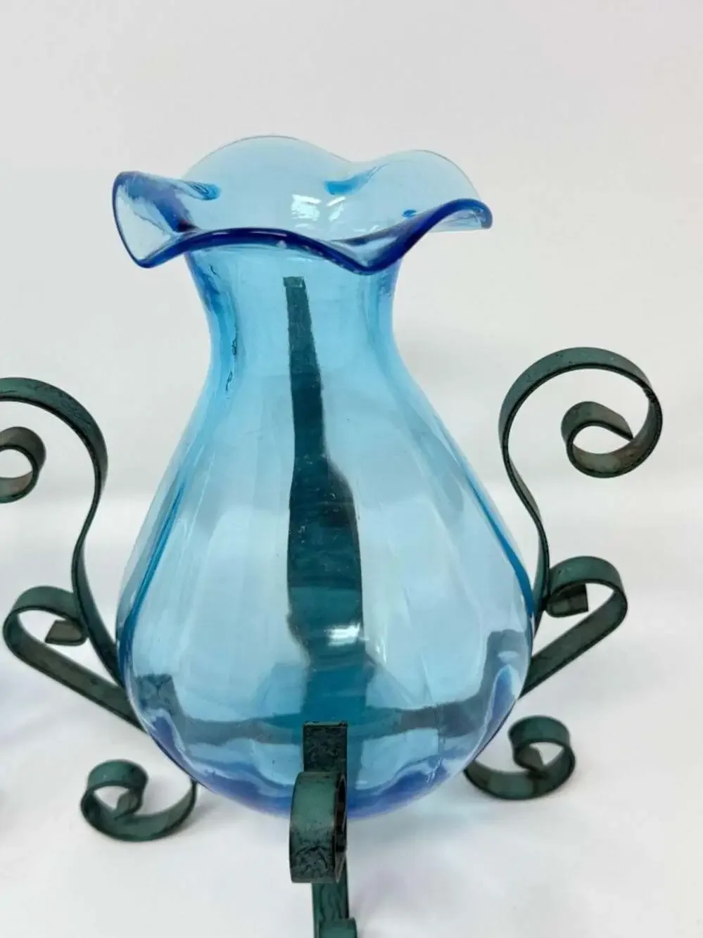 Set of 2 Vintage Blue Blown Glass Vases with Wrought Iron Scroll Stands